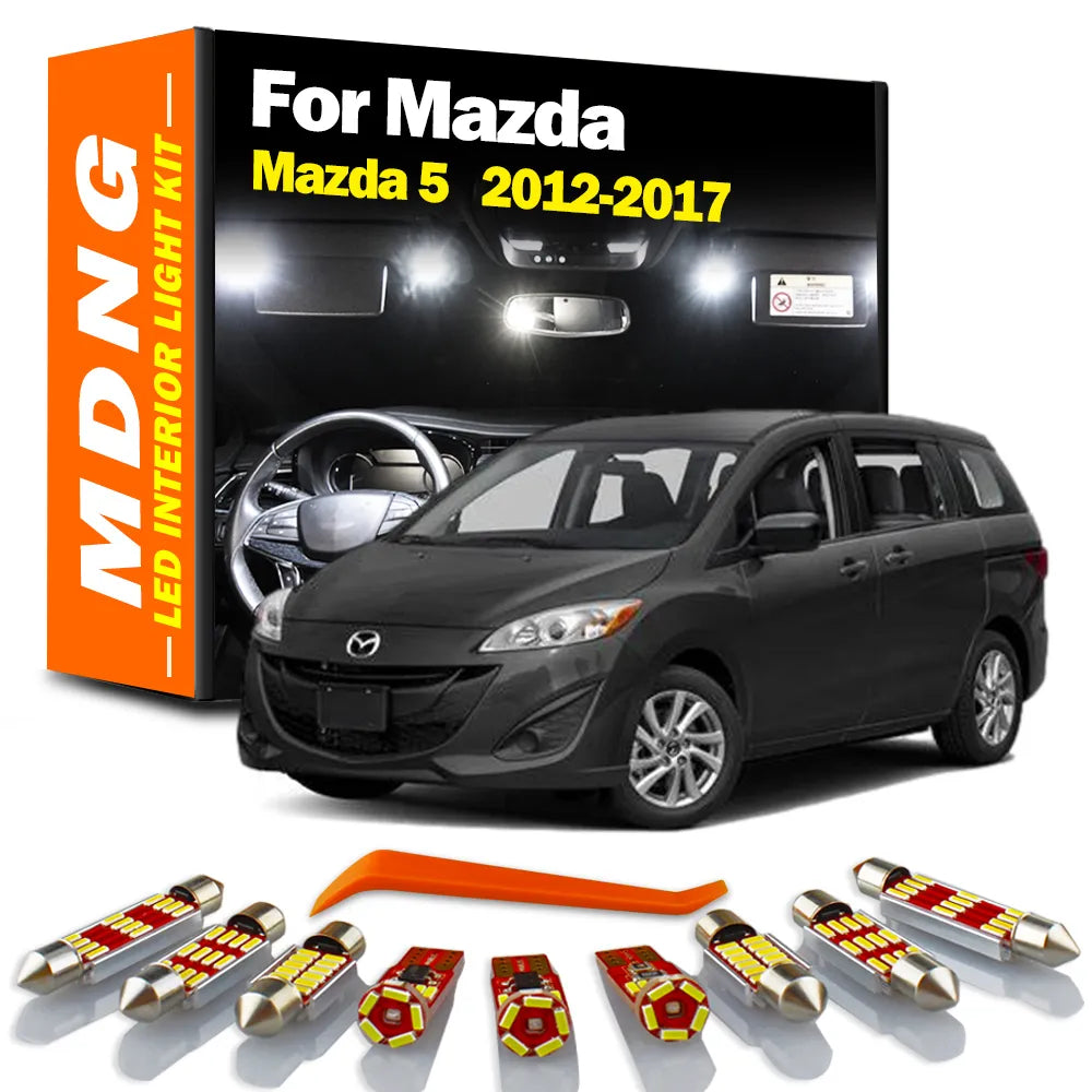 Kit de luces LED Canbus para el interior de 10 piezas para Mazda 5 2012 2013 2014 2015 2016 2017, incluye luces de mapa, lectura, cúpula, maletero y matrícula.