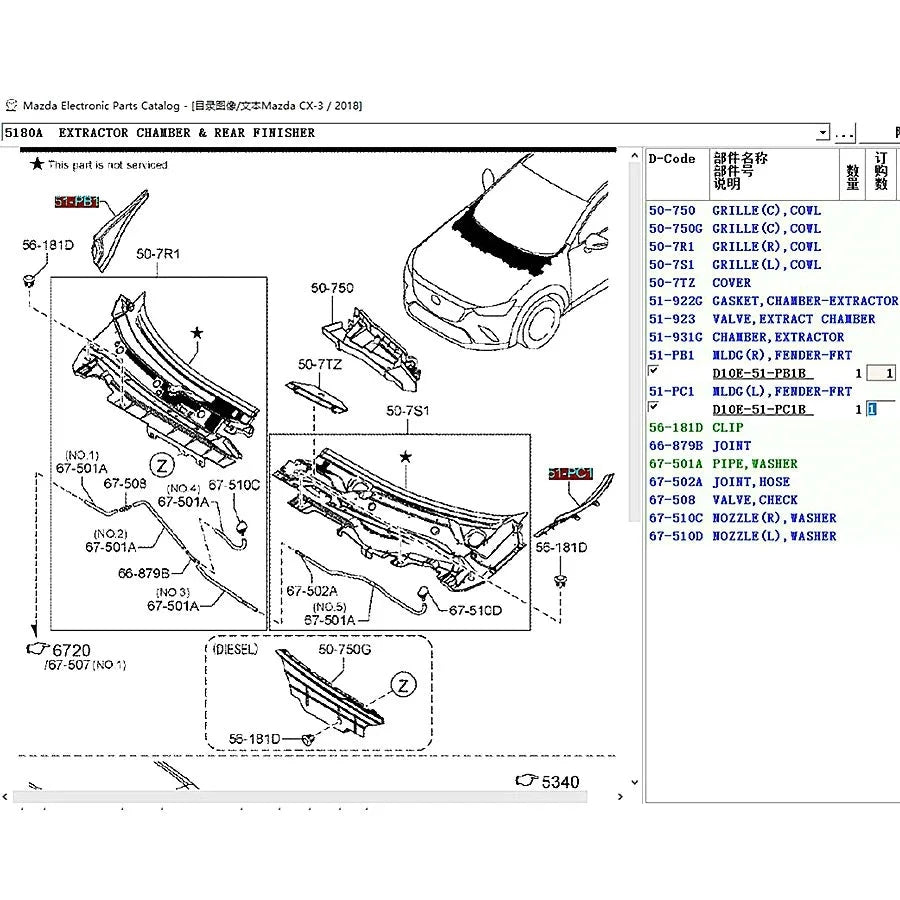 Capó rejilla moldura de guardabarros para Mazda CX-3 2015-2022 DK D10E-51-PC1B