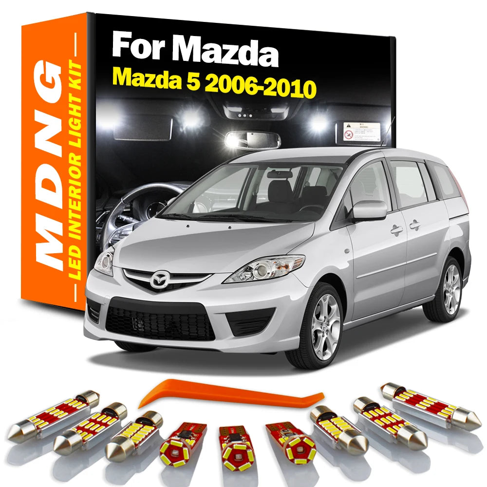 Kit de luces LED Canbus de interiores para automóvil de 10 piezas para Mazda 5 2006 2007 2008 2009 2010, lámpara de lectura de mapa, domo, maletero y matrícula.