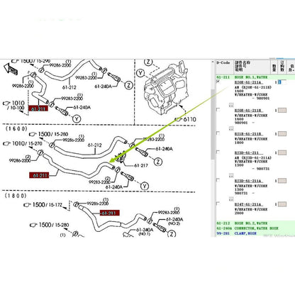 Mangueras Agua Refrigerante Motor Calefactor con conector para Mazda 323 Family Protege 5 Motor 1.6 BJ0E-61-211 /BJ0E-61-212
